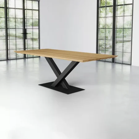 Steiger Esstisch Eiche Schweizer Kante 220×100 Pure mit Metallgestell V in schwarz